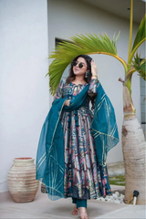 Digital Printed Chinon Silk Suit Set with Organza Dupatta Digital Printed Chinon Silk Suit Set with Organza Dupatta